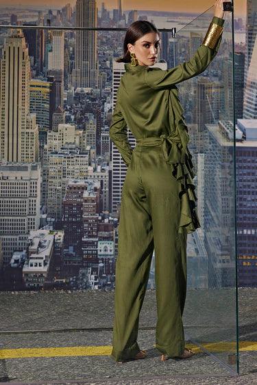 OLIVE-FRILL SHIRT CORD SET - The Couture by KJH