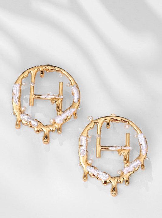 Drip "OH" Monogram Earrings With Keshi Pearls - The Couture by KJH