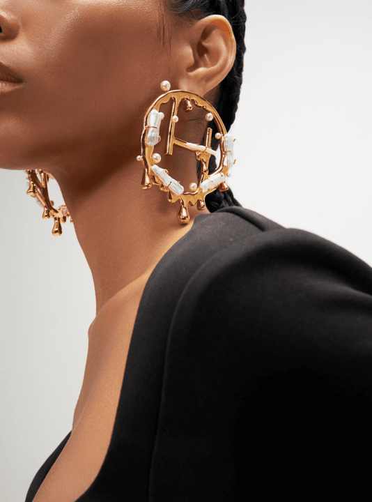 Drip "OH" Monogram Earrings With Keshi Pearls - The Couture by KJH