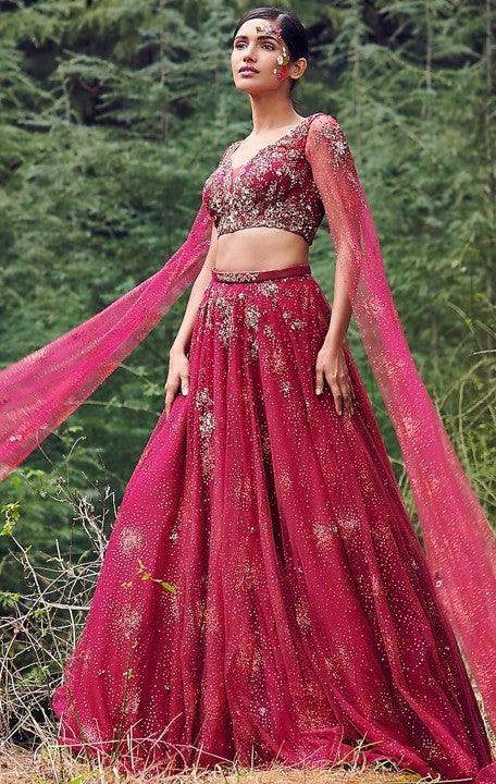 Cranberry Red Shimmer Tulle Lehenga Set - The Couture by KJH