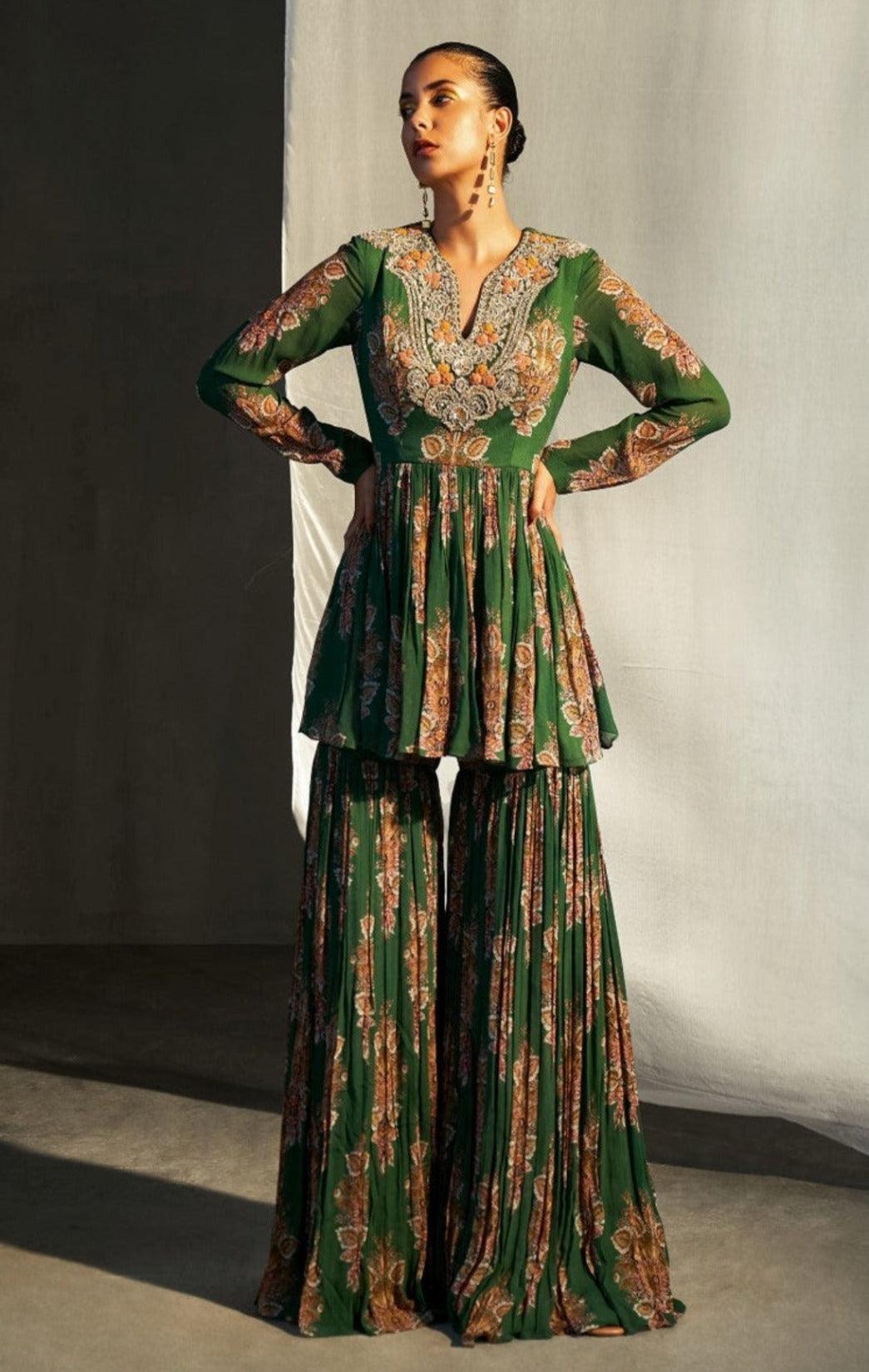Green Printed Peplum Gharara Set - The Couture by KJH