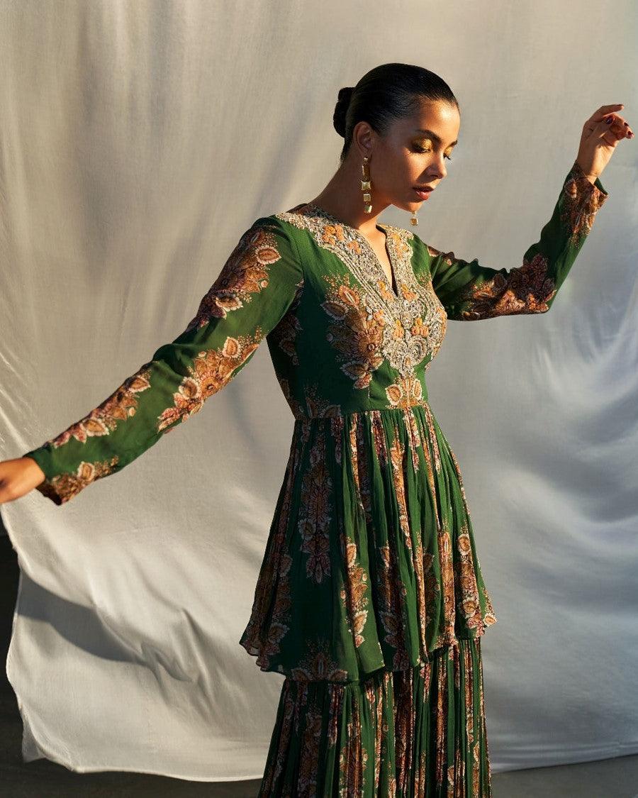 Green Printed Peplum Gharara Set - The Couture by KJH