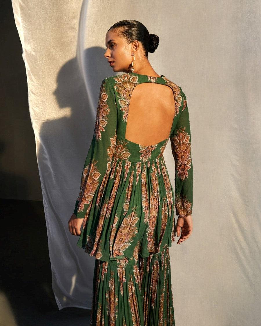 Green Printed Peplum Gharara Set - The Couture by KJH