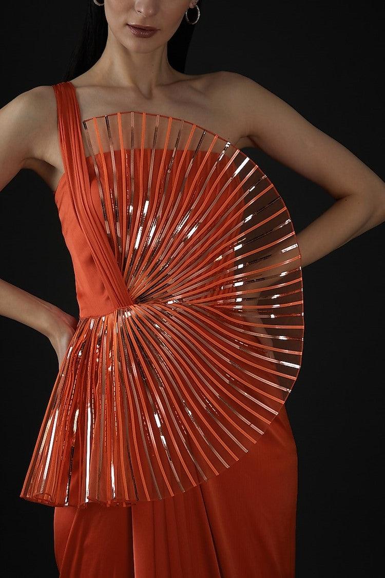 Orange Metallic & Chiffon Saree Gown - The Couture by KJH
