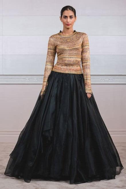Beige Foil Jersey Round Printed Top For Women - The Couture by KJH