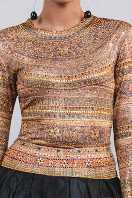 Beige Foil Jersey Round Printed Top For Women - The Couture by KJH