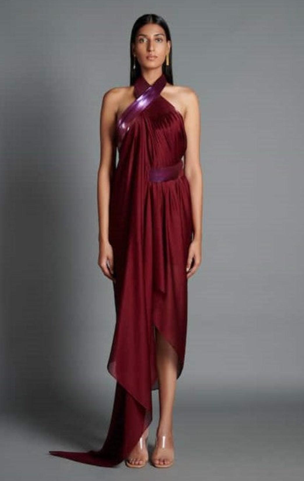 Maroon Crinkled Chiffon Embroidery Metallic Draped Backless Dress - The Couture by KJH