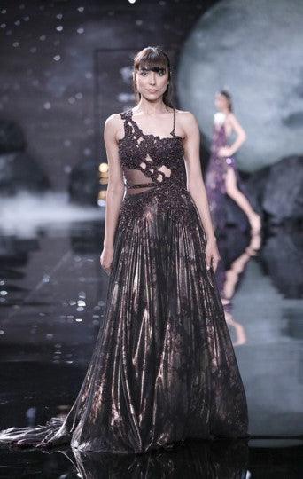 "Medea" Burnt Brown Lurex Flared Gown - The Couture by KJH