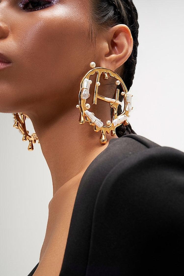 Gold Plated Keshi Pearl Monogram Earrings - The Couture by KJH