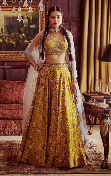 Yellow Viscose Silk Hand Painted Nazira Print Bridal Lehenga Set - The Couture by KJH