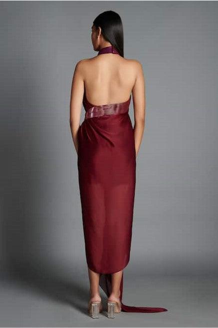 Maroon Crinkled Chiffon Embroidery Metallic Draped Backless Dress - The Couture by KJH