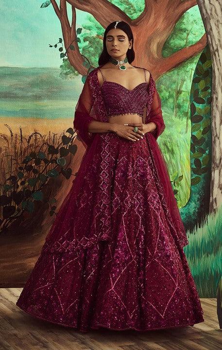 Tonal Wine Lehenga Set - The Couture by KJH