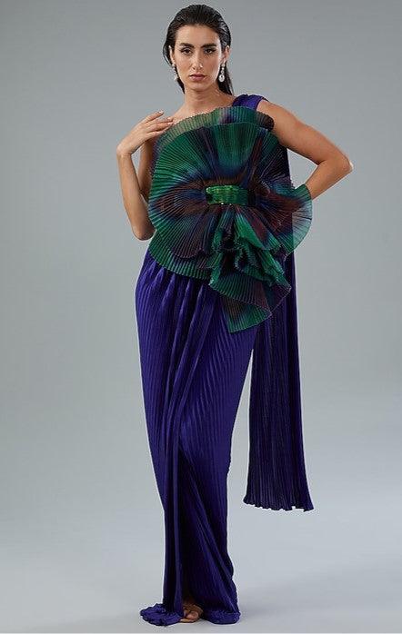 Royal Blue Metallic Polymer & Chiffon Draped Gown - The Couture by KJH