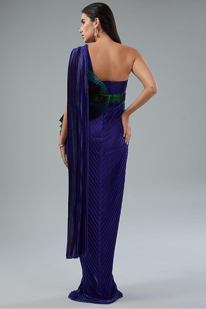 Royal Blue Metallic Polymer & Chiffon Draped Gown - The Couture by KJH