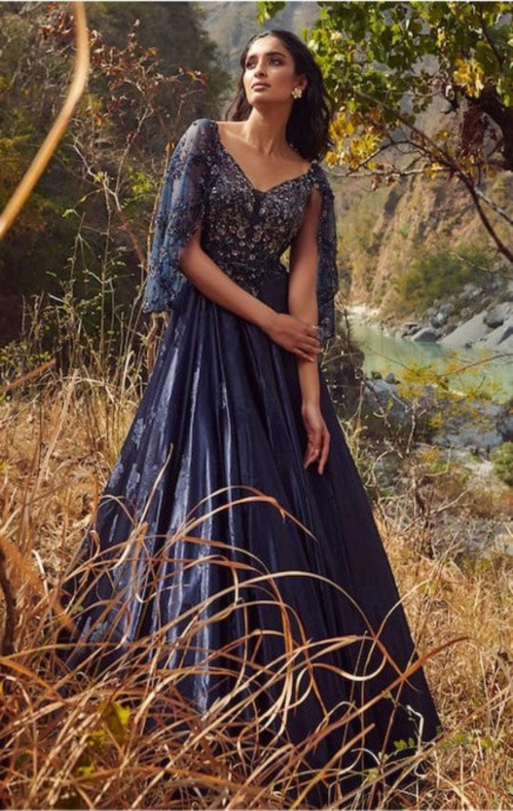 Blue Satin Embroidery V Neck Sloane Gown - The Couture by KJH