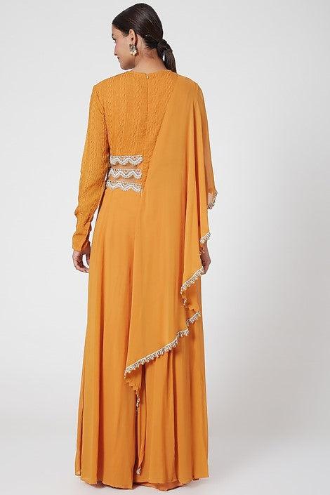 Mustard Embroidered Draped Jumpsuit - The Couture by KJH