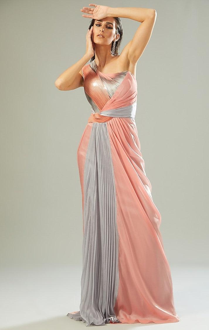 Blush Pink & Grey Metallic Polymer Draped Gown - The Couture by KJH