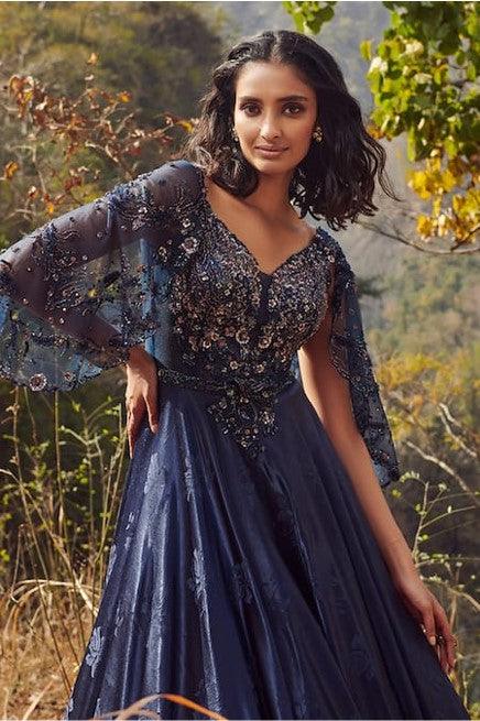 Blue Satin Embroidery V Neck Sloane Gown - The Couture by KJH