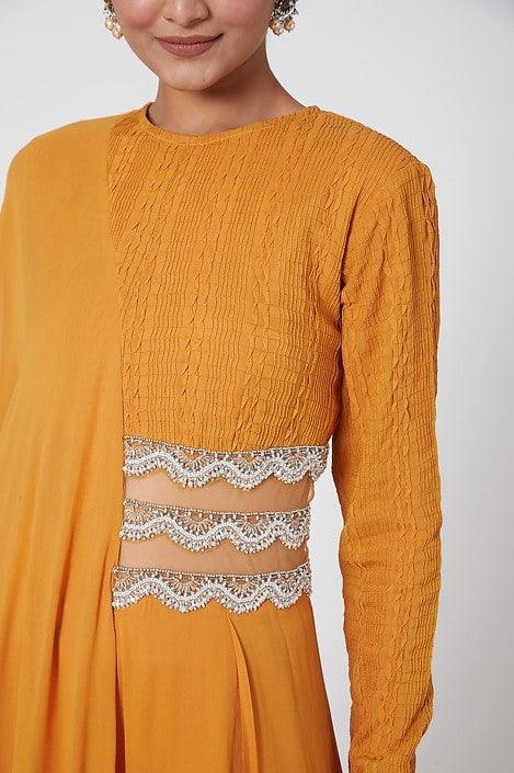 Mustard Embroidered Draped Jumpsuit - The Couture by KJH