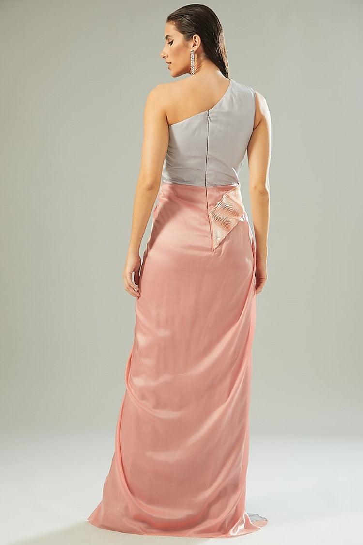 Blush Pink & Grey Metallic Polymer Draped Gown - The Couture by KJH