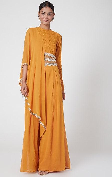 Mustard Embroidered Draped Jumpsuit - The Couture by KJH