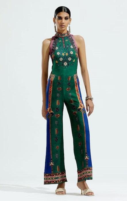 Green Silk Printed Geometric Band Rahini Sleeveless Jumpsuit - The Couture by KJH