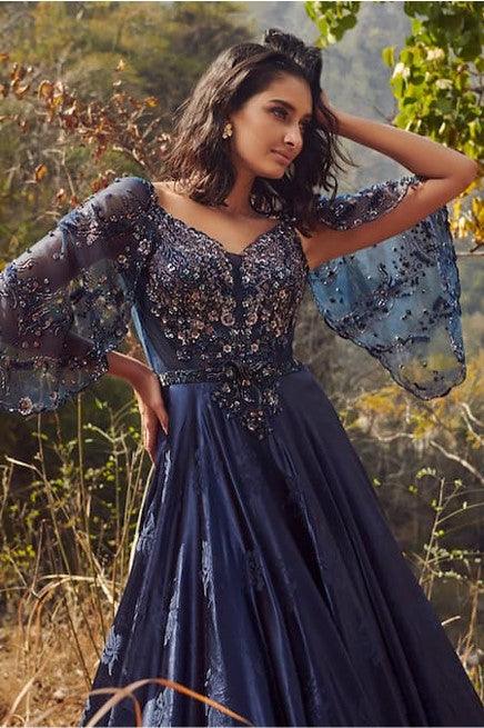 Blue Satin Embroidery V Neck Sloane Gown - The Couture by KJH