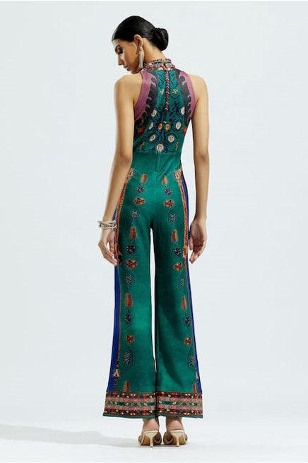 Green Silk Printed Geometric Band Rahini Sleeveless Jumpsuit - The Couture by KJH