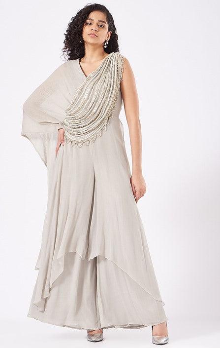 Beige Embroidered Pleated Jumpsuit - The Couture by KJH