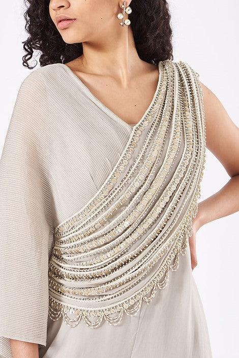 Beige Embroidered Pleated Jumpsuit - The Couture by KJH