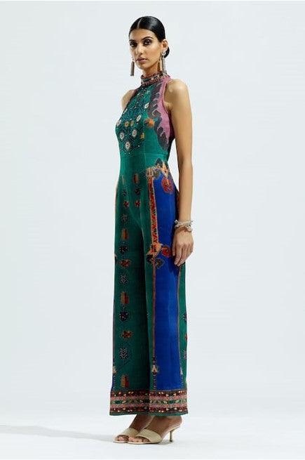 Green Silk Printed Geometric Band Rahini Sleeveless Jumpsuit - The Couture by KJH