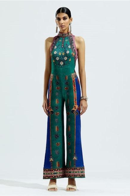 Green Silk Printed Geometric Band Rahini Sleeveless Jumpsuit - The Couture by KJH