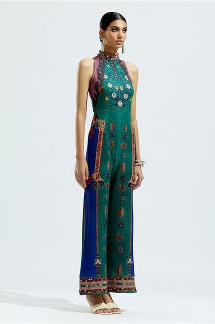 Green Silk Printed Geometric Band Rahini Sleeveless Jumpsuit - The Couture by KJH