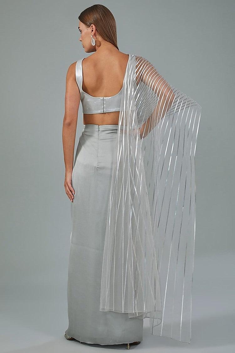 Grey Metallic Polymer & Chiffon Draped Skirt Set - The Couture by KJH