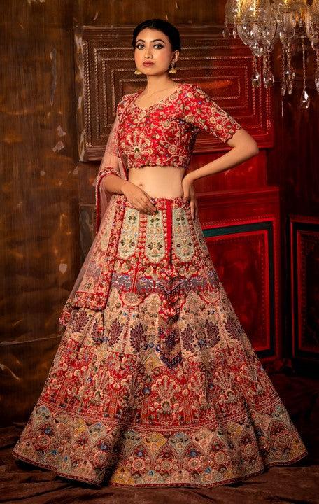 Red Dupion Silk Hand Embroidered Floral Applique Bridal Lehenga Set - The Couture by KJH