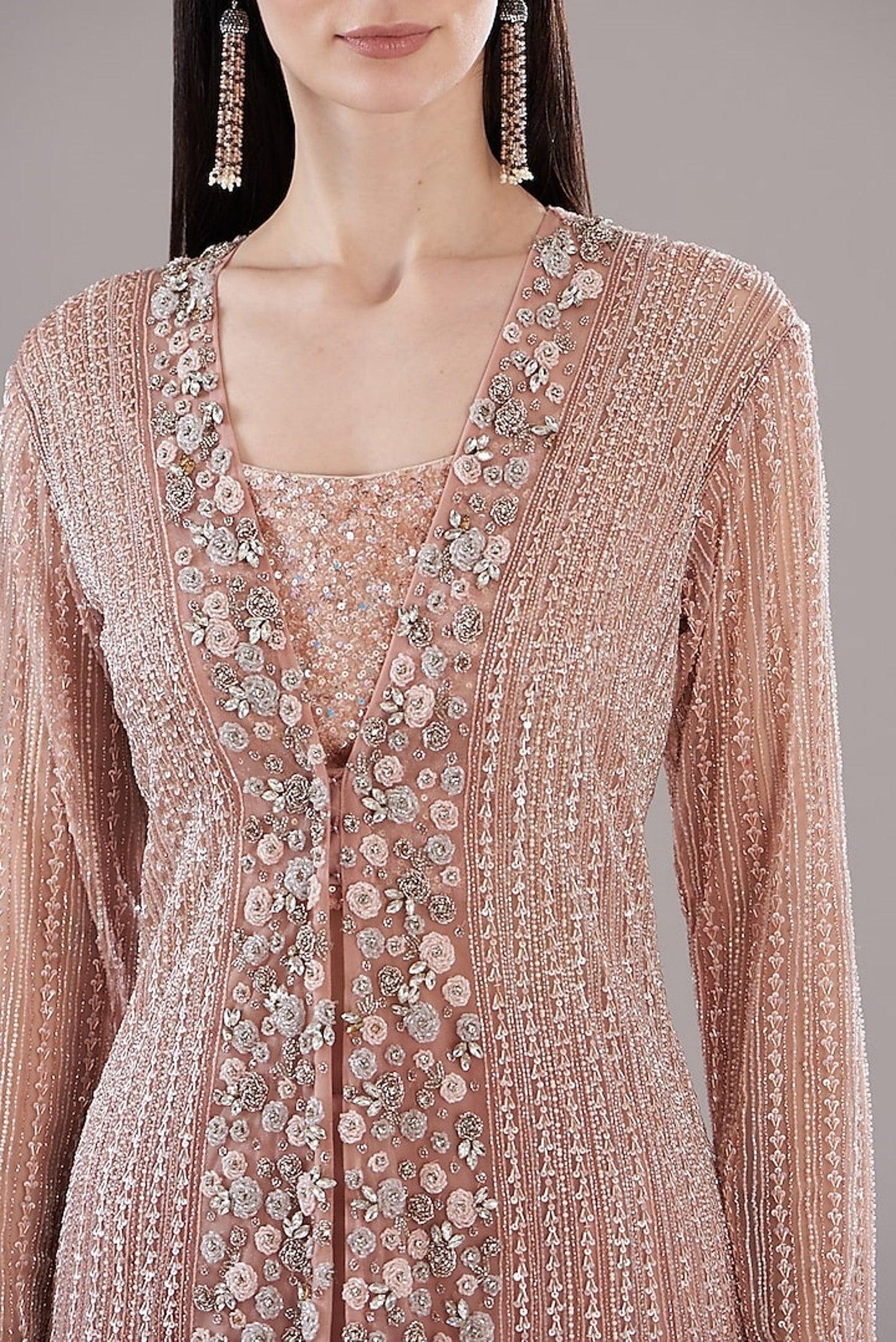 Dark Peach Organza Embroidered Jacket Set - The Couture by KJH