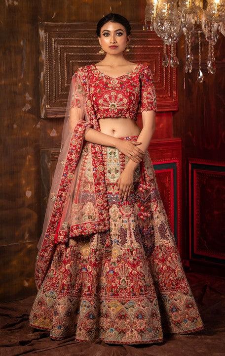 Red Dupion Silk Hand Embroidered Floral Applique Bridal Lehenga Set - The Couture by KJH