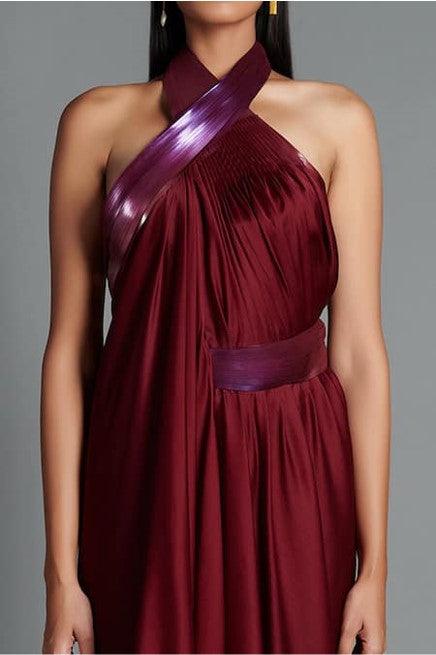 Maroon Crinkled Chiffon Embroidery Metallic Draped Backless Dress - The Couture by KJH