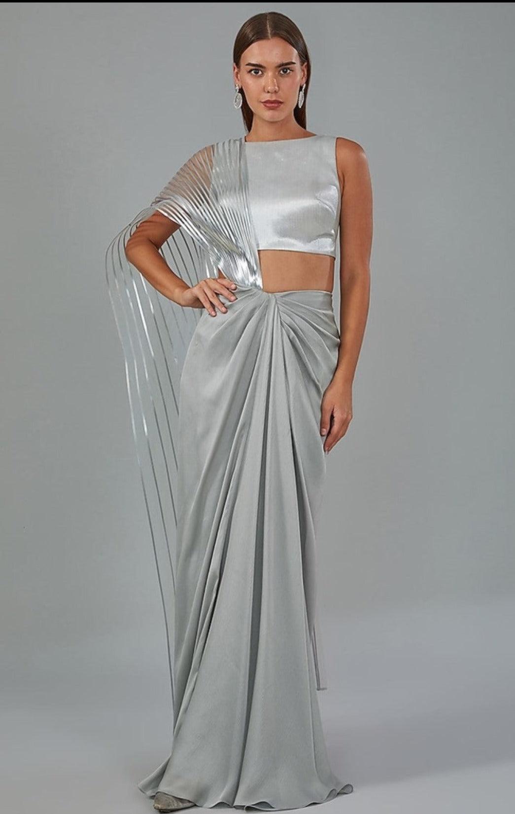Grey Metallic Polymer & Chiffon Draped Skirt Set - The Couture by KJH