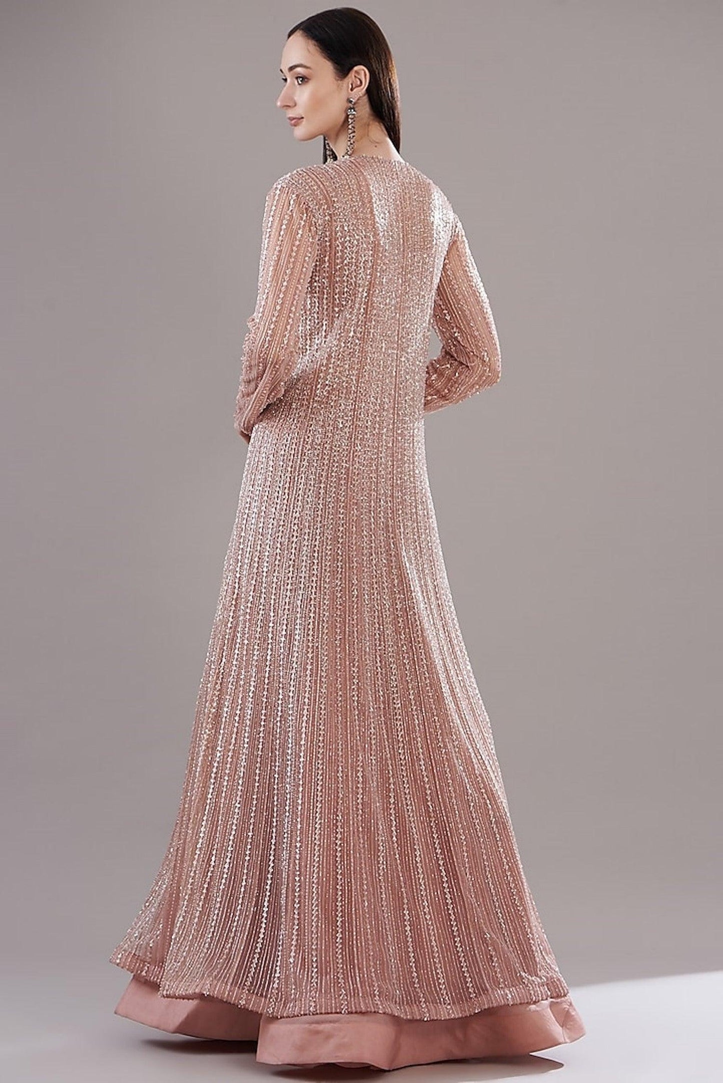 Dark Peach Organza Embroidered Jacket Set - The Couture by KJH