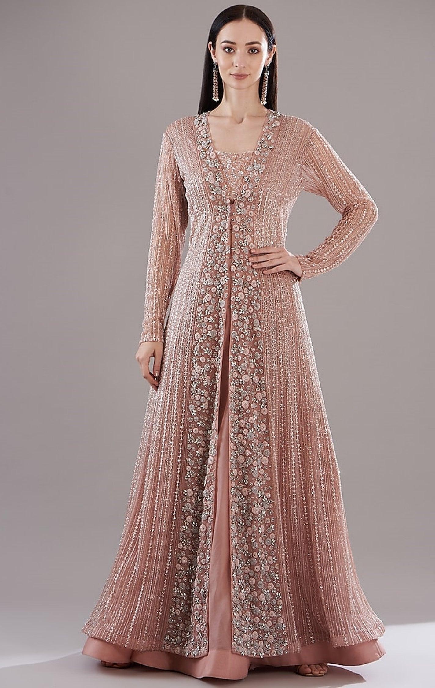 Dark Peach Organza Embroidered Jacket Set - The Couture by KJH