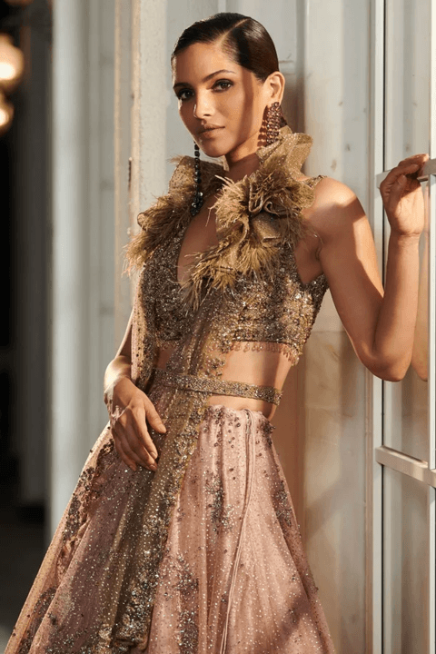 "Seonna" Pale Peach And A Jade Green Ombre Shimmer Tulle Lehenga Set - The Couture by KJH
