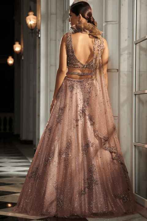 "Seonna" Pale Peach And A Jade Green Ombre Shimmer Tulle Lehenga Set - The Couture by KJH