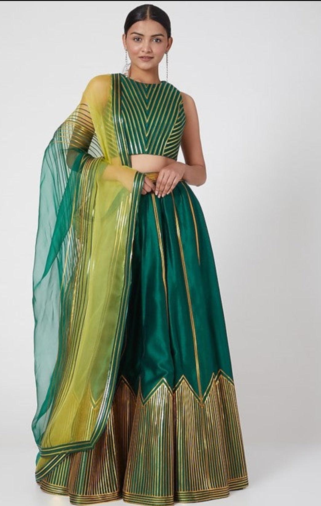 Emerald Green Silk Chanderi Lehenga Set - The Couture by KJH