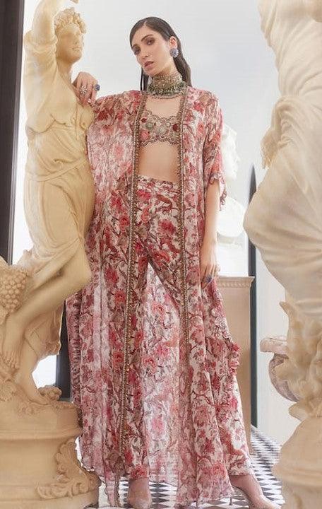 Ivory Chiffon Printed And Embroidered Liberty Floral Amara Pant Set - The Couture by KJH