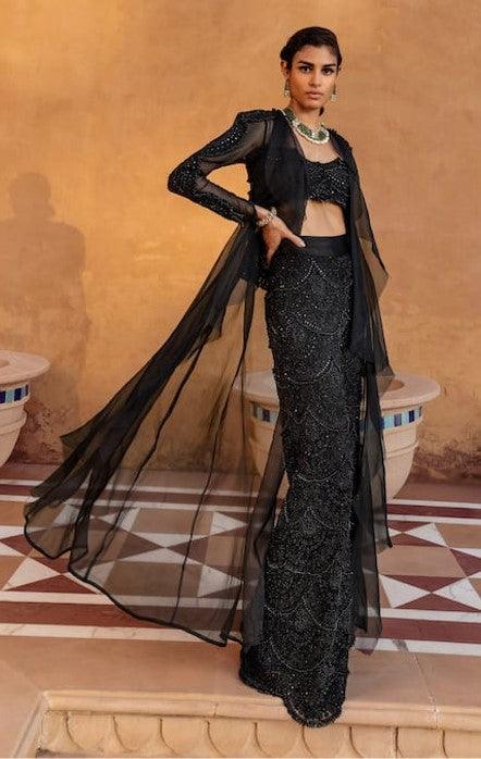 Black Organza Embroidery Bugle Beads Scoop Neck Jacket And Palazzo Set - The Couture by KJH