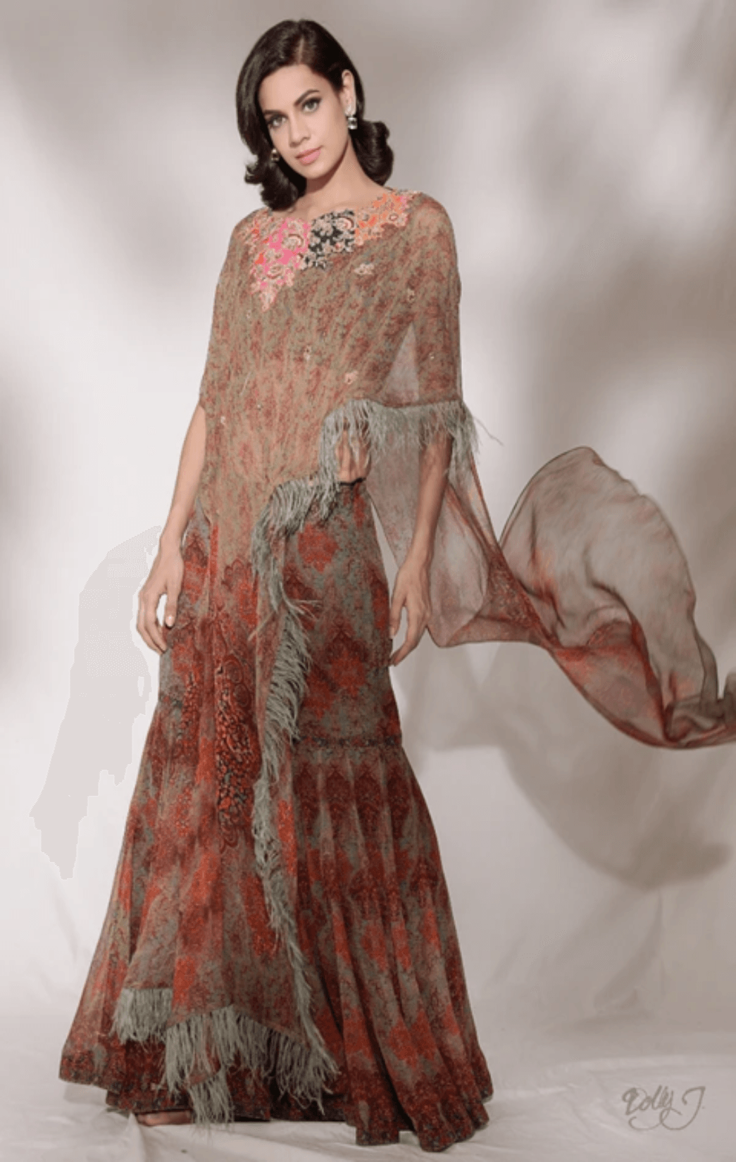 "Janette" Printed Chiffon Cape And Sharara Set - The Couture by KJH