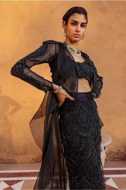 Black Organza Embroidery Bugle Beads Scoop Neck Jacket And Palazzo Set - The Couture by KJH