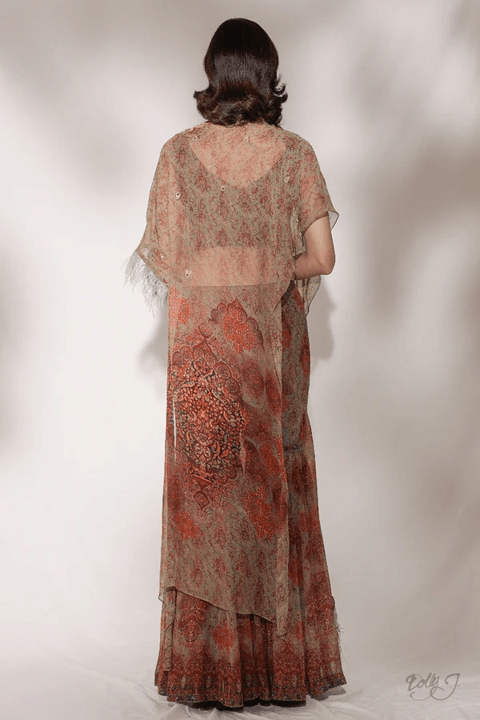 "Janette" Printed Chiffon Cape And Sharara Set - The Couture by KJH