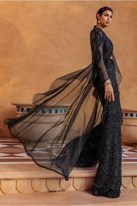 Black Organza Embroidery Bugle Beads Scoop Neck Jacket And Palazzo Set - The Couture by KJH